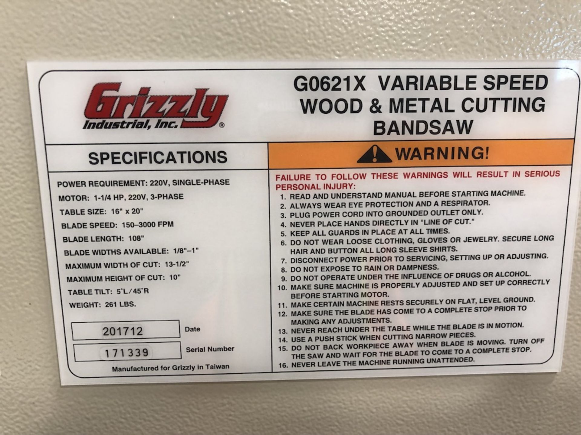 GRIZZLY INDUSTRIAL INC. G0621X VARIABLE SPEED WOOD & METAL CUTTING BANDSAW - Image 8 of 13