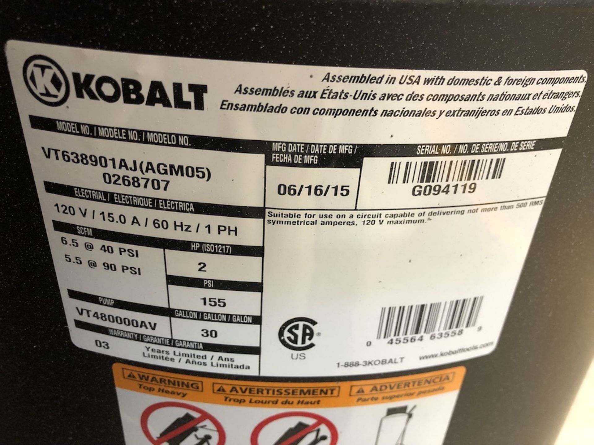 KOBALT VT638901AJ ( AGM05 ) 0268707 30 GALLON CAST IRON AIR COMPRESSOR 48IN H  X  21IN W   SCHNEIDER - Image 4 of 7