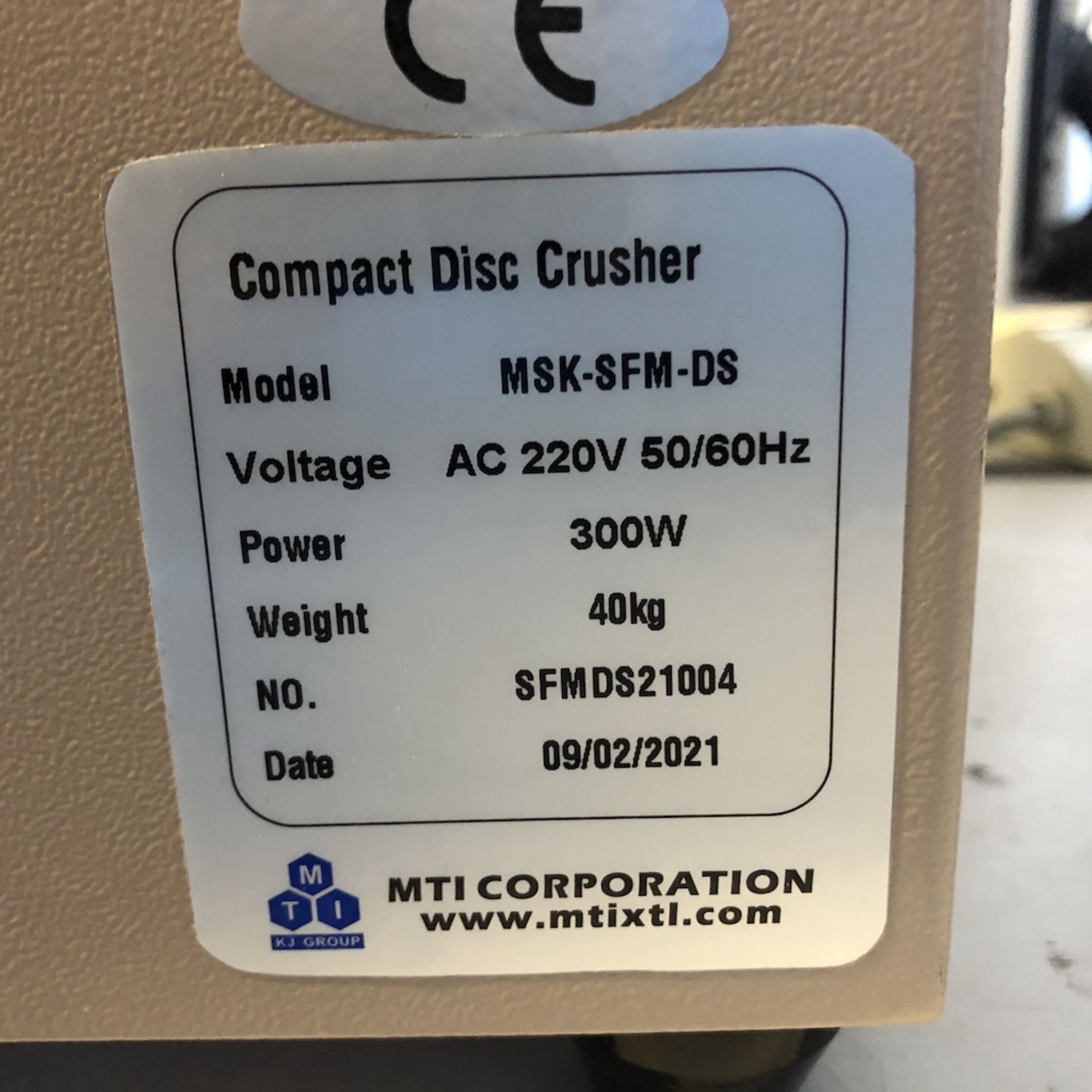 MTI CORPORATION MSK-SFM-DS COMPACT DISC CRUSHER Ê 1218 ALDERWOOD AVE. SUNNYVALE, CA. 94089 Ê - Image 4 of 7