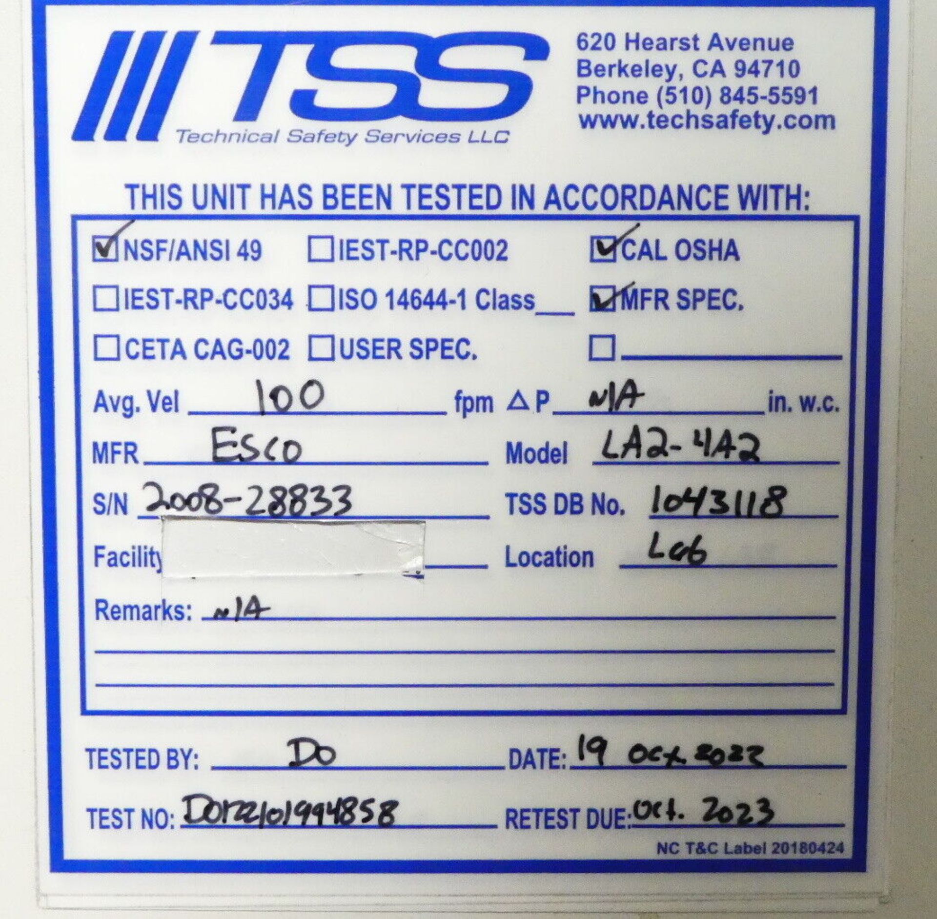 ESCO 4FT Class II Biohazard Safety Cabinet LA2-4A2 BSC - Image 11 of 13