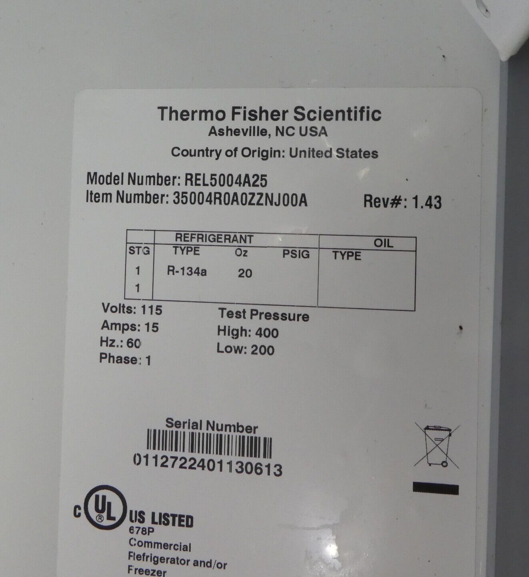 Thermo Fisher REL5004A25 Double Door Lab Refrigerator. Thermometer not included. - Image 10 of 11