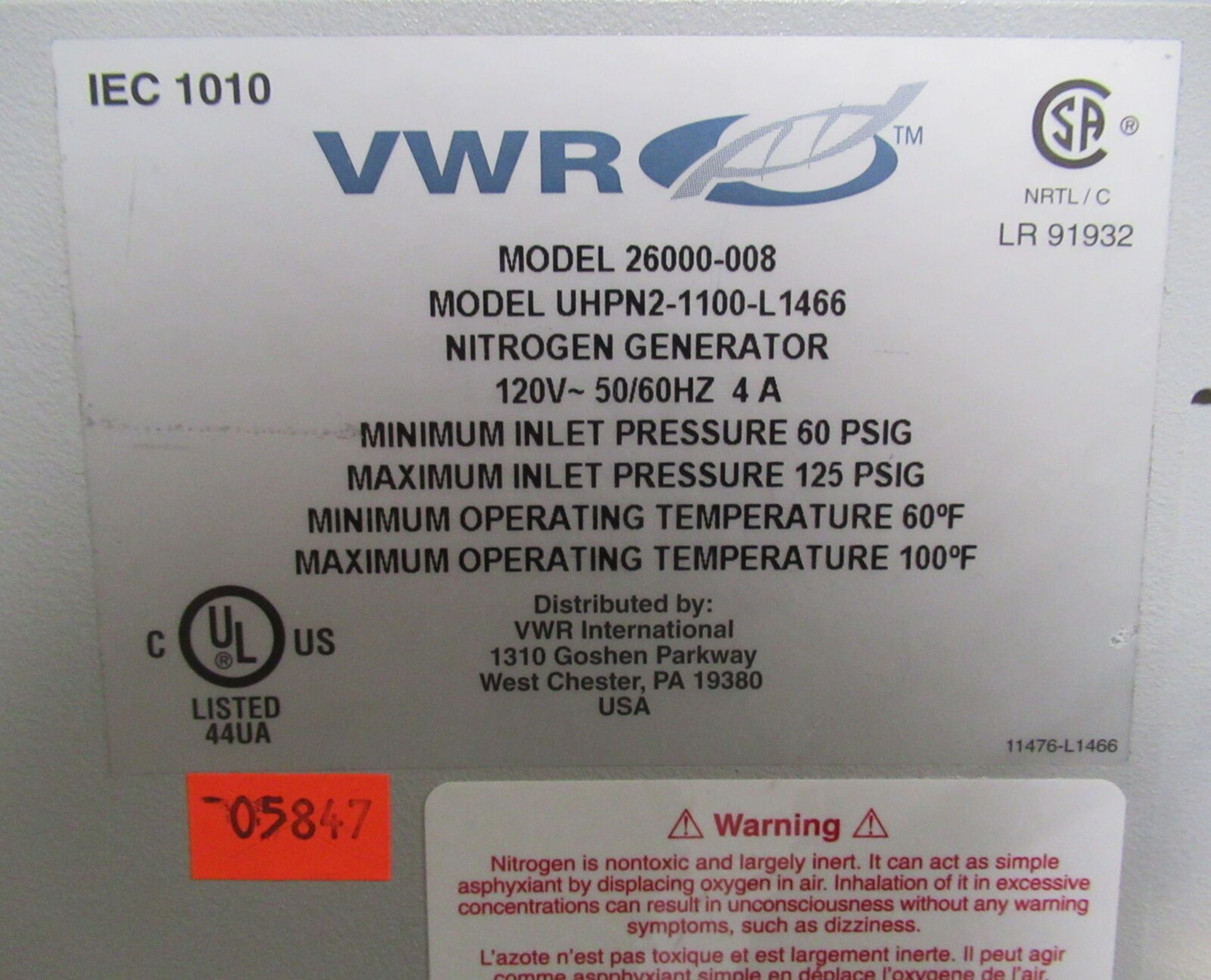 VWR UHPN2-1100-L1466 Nitrogen Generator 26000-008 - Image 7 of 7