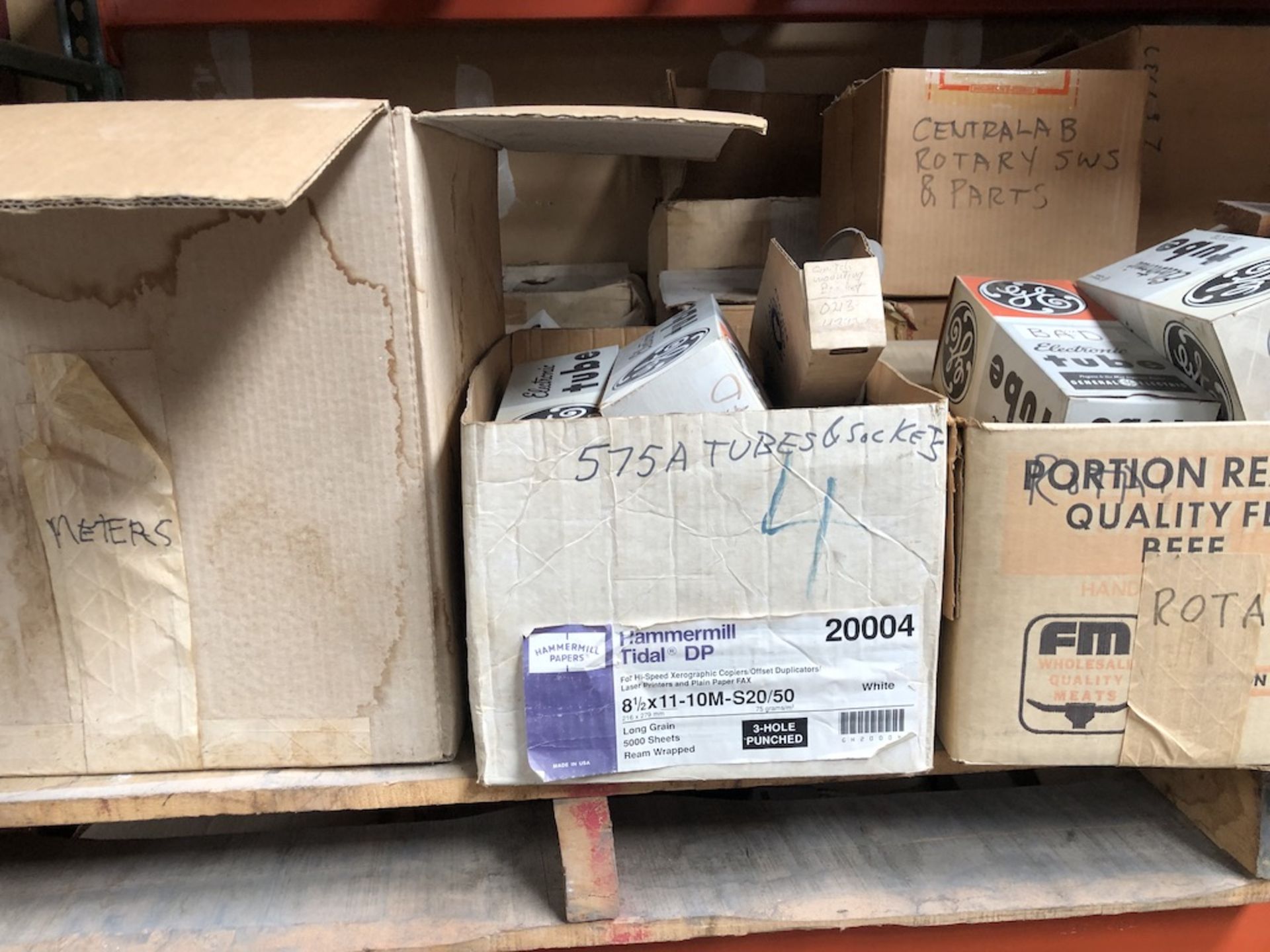 CONTENTS ON PALLET: GENERAL ELECTRIC 575A TUBES & SOCKETS, ROTARY & PARTS, BOX OF ANALOG PANEL