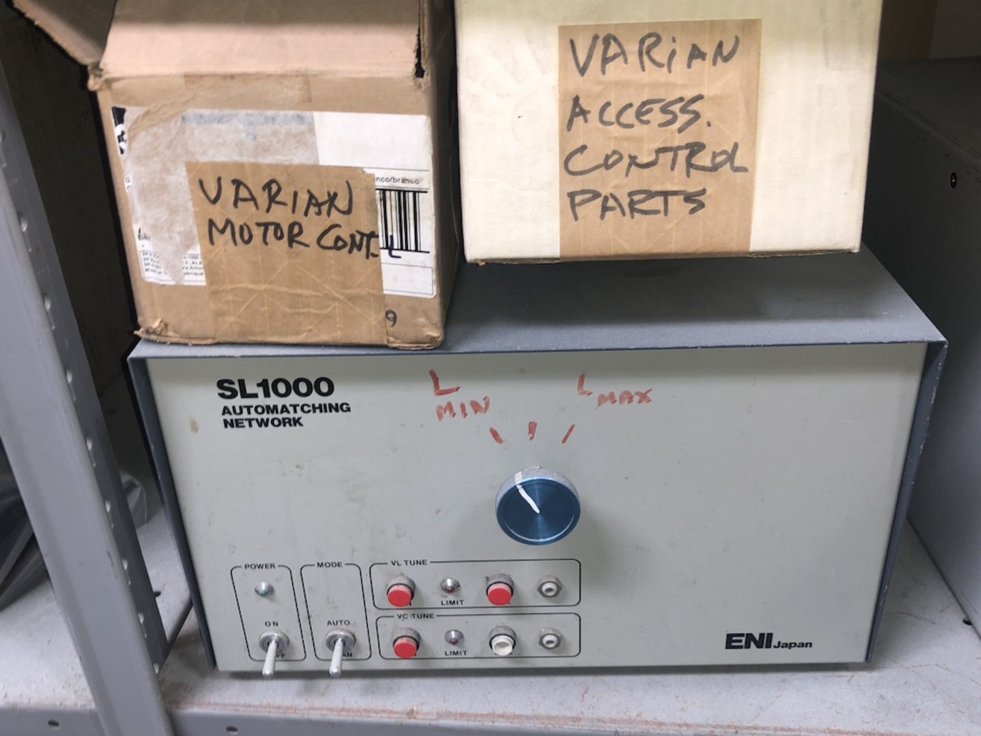 CONTENTS IN COLUMN ON SHELF: VARIAN S-GUN POWER CONTROLS, APPLIED MATERIALS 8300 RF MATCH, ENI - Image 14 of 17