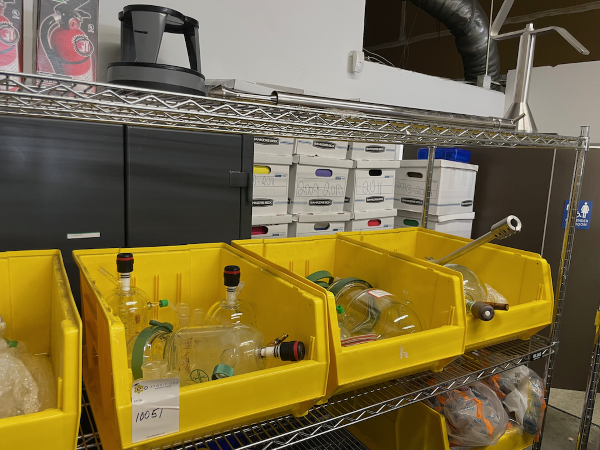 CHEMGLASS LOT CONSISTING OF THE CONTENTS OF QTY-4 YELLOW TOTE BINS CONTAINING VARIOUS CHEMGLASS