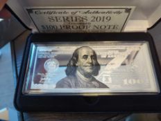 4 oz colorized silver 100 dollar bill with case