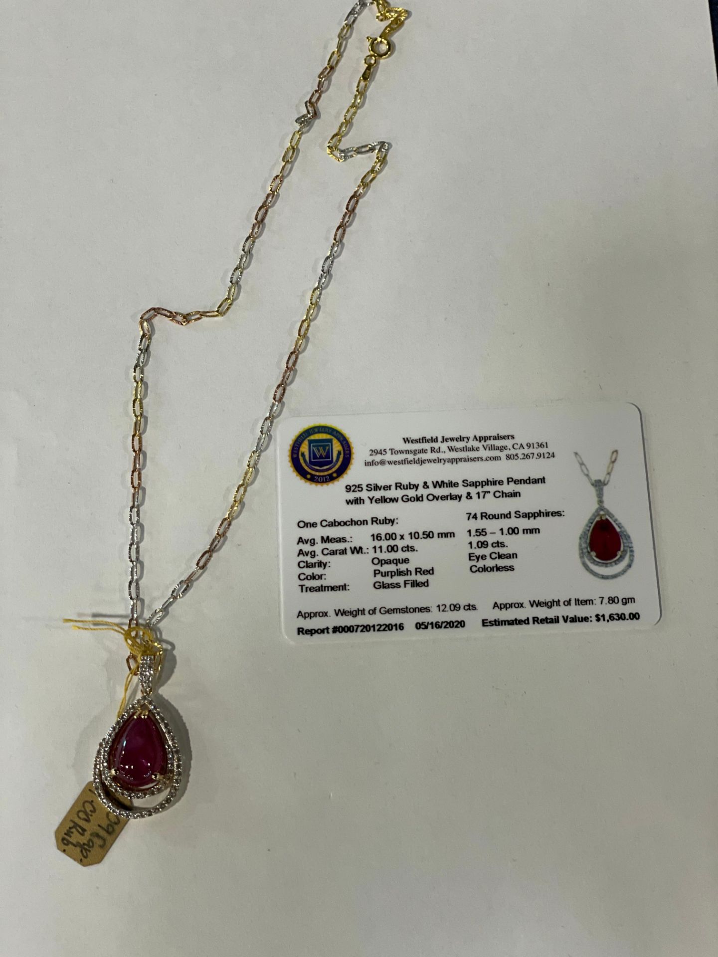 Silver Ruby & White Sapphire Pendant with Yellow Gold Overlay & 17" chain