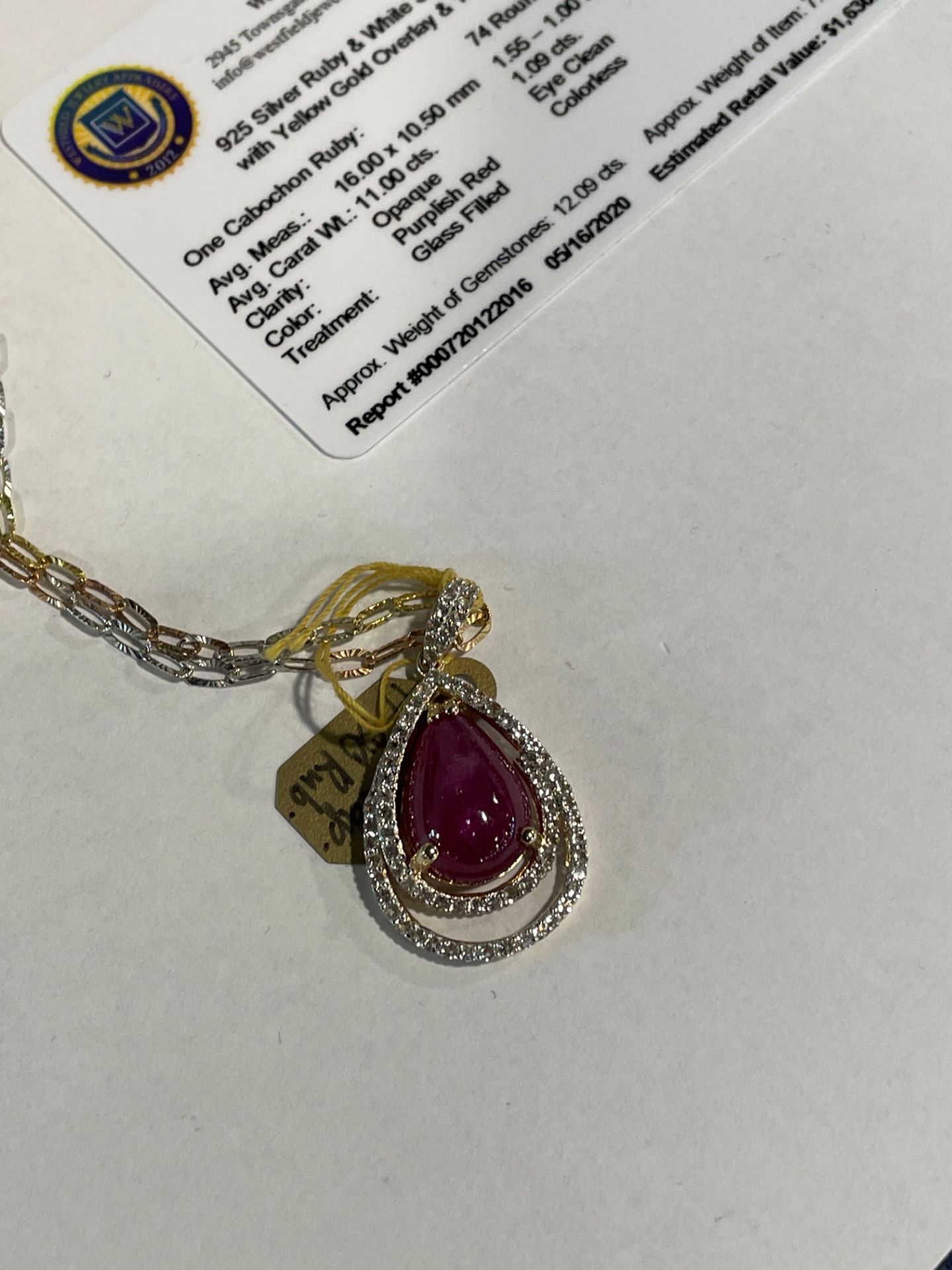 Silver Ruby & White Sapphire Pendant with Yellow Gold Overlay & 17" chain - Image 4 of 6