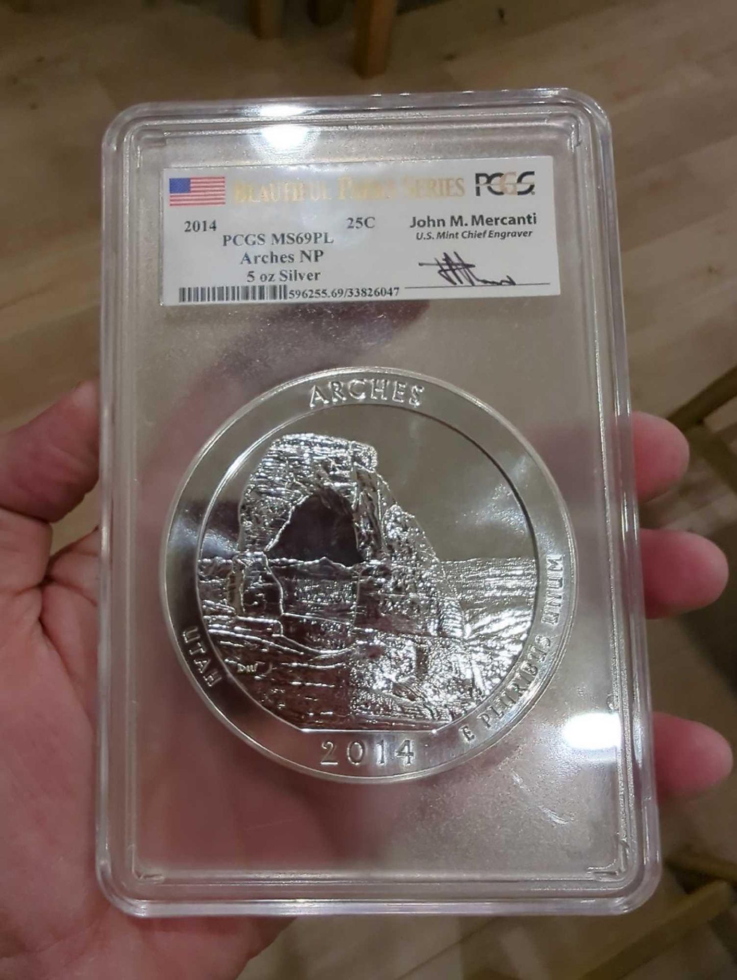PCGS MS69PL Arches NP 5 oz Silver Signed