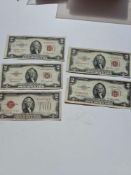 5 assored $2 federal reserve notes, red seal
