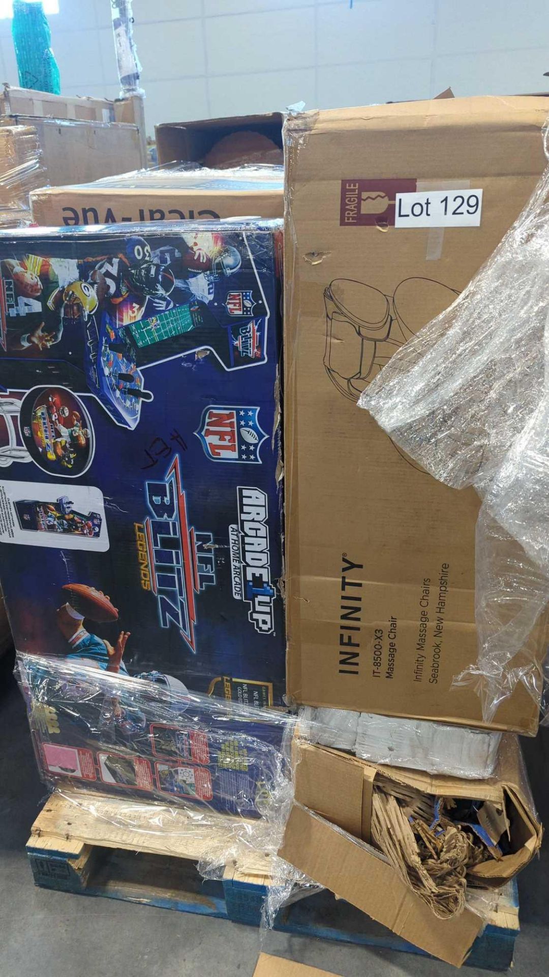 (1) Pallet- NFL Blitz, Infinity massage chair piece, chairs, Drive motor assembly and more