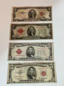 1928 E & 1953 A $5 Federal Reserve Note (FRN), 1928 D & 1953 A $2 (FRN), RED Seal,