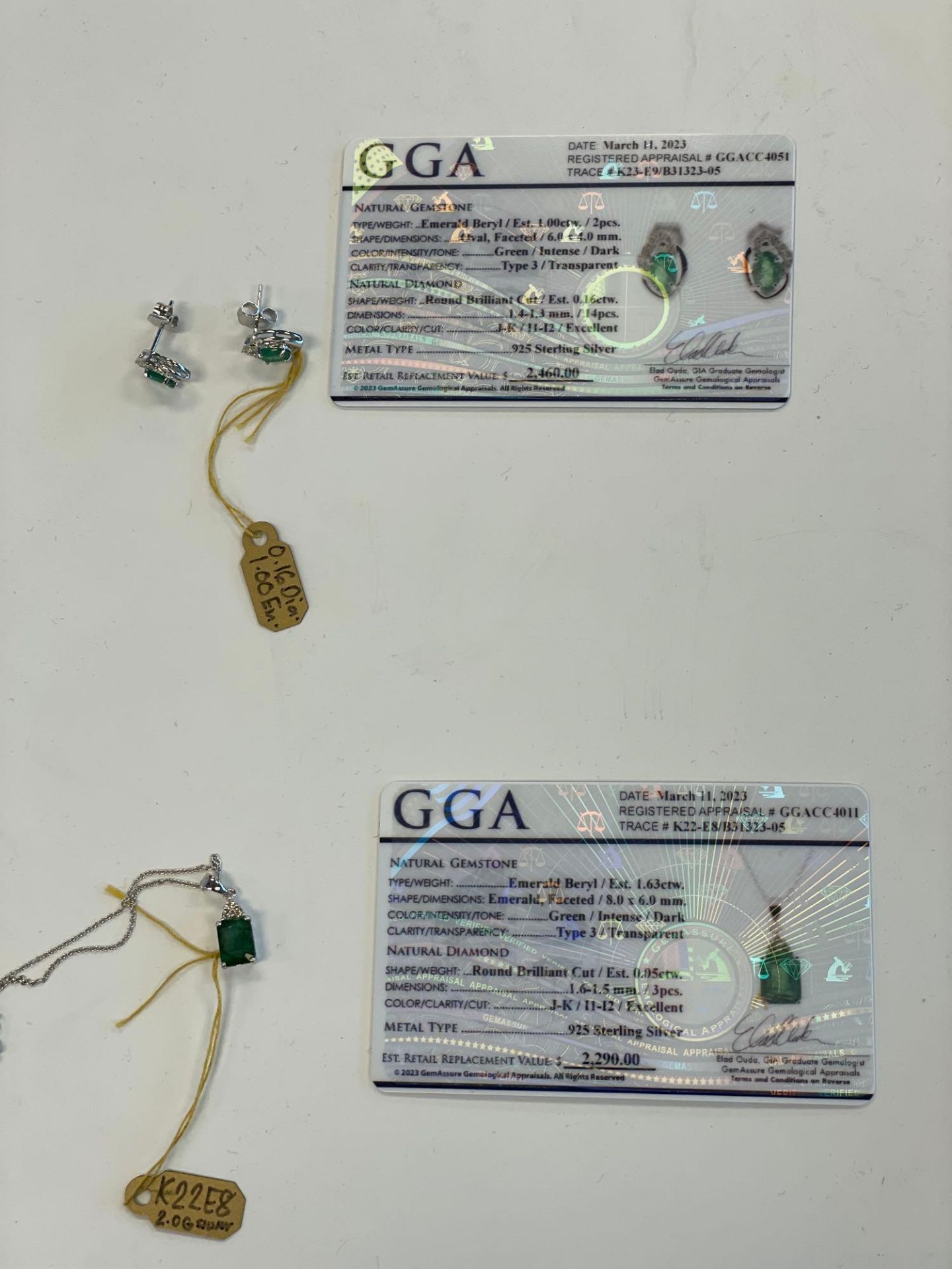 Jewelry; Emerald Beryl 1 ctw earrings & Emerald Beryl 1.63 ctw Necklace