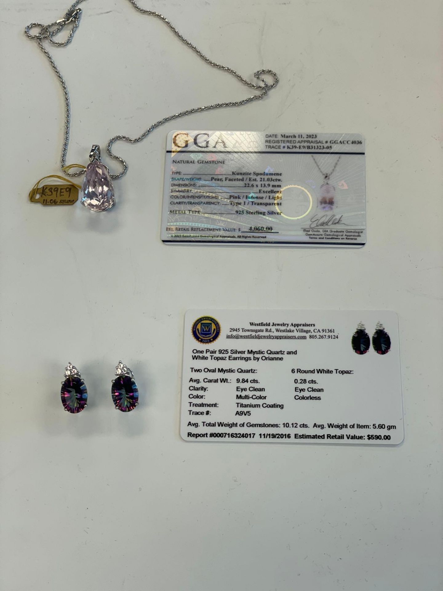 Jewelry; Kunzite Spodumene 21.03 ctw Necklace & Silver Mystic Quartz & White Topaz Earrings by Orian