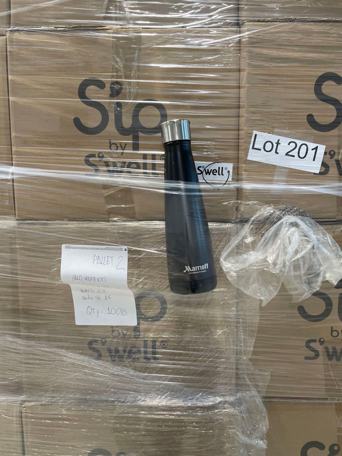 Pallet- Sip by Swell bottles with Marriott logo, approx 1000 units