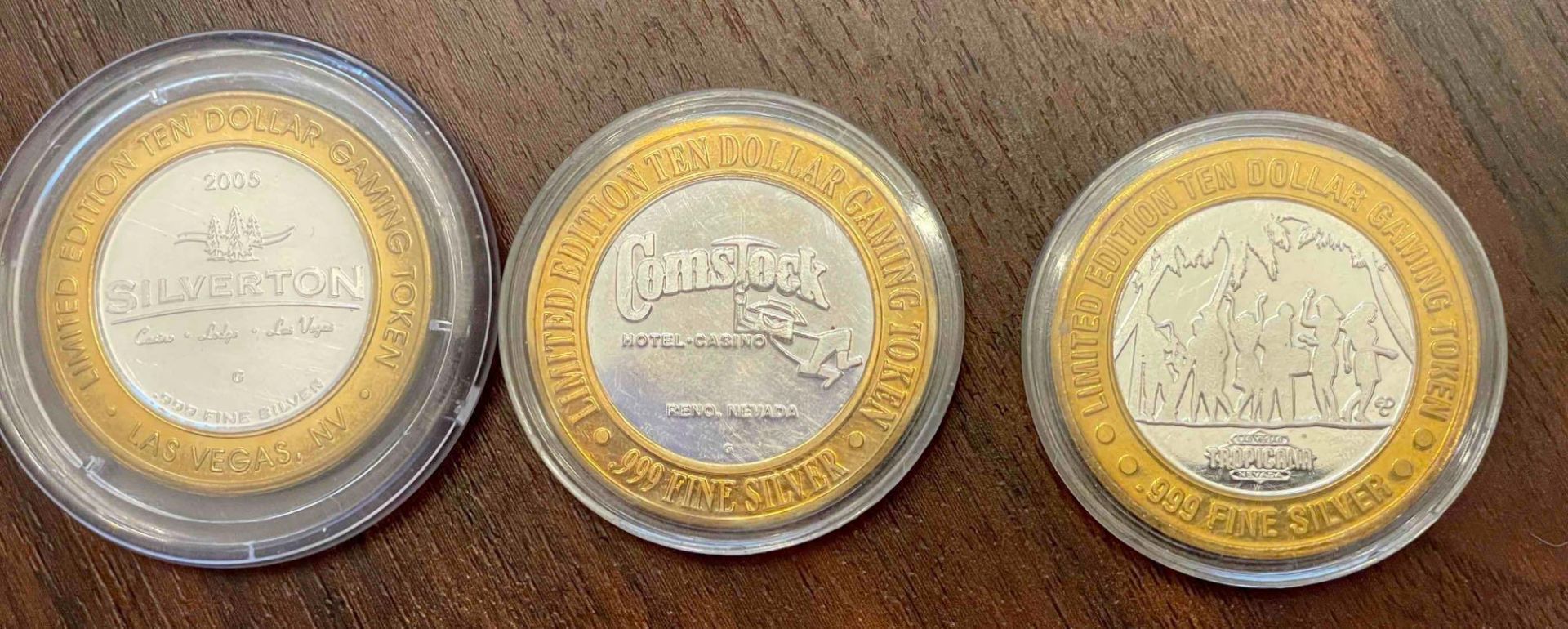 3 Vintage Silver Limted Edition Ten Dollar Gaming Tokens: Tropicana, Silverton, Comstock