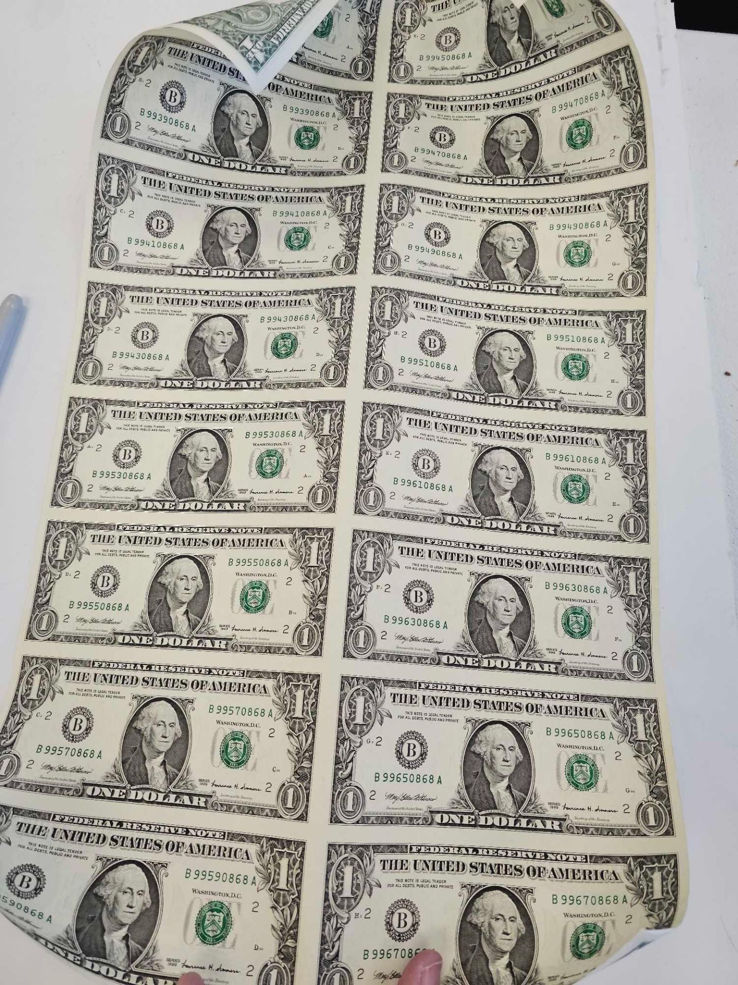 Uncut Sheet 1999 $1 Federal Reserve Notes, 16