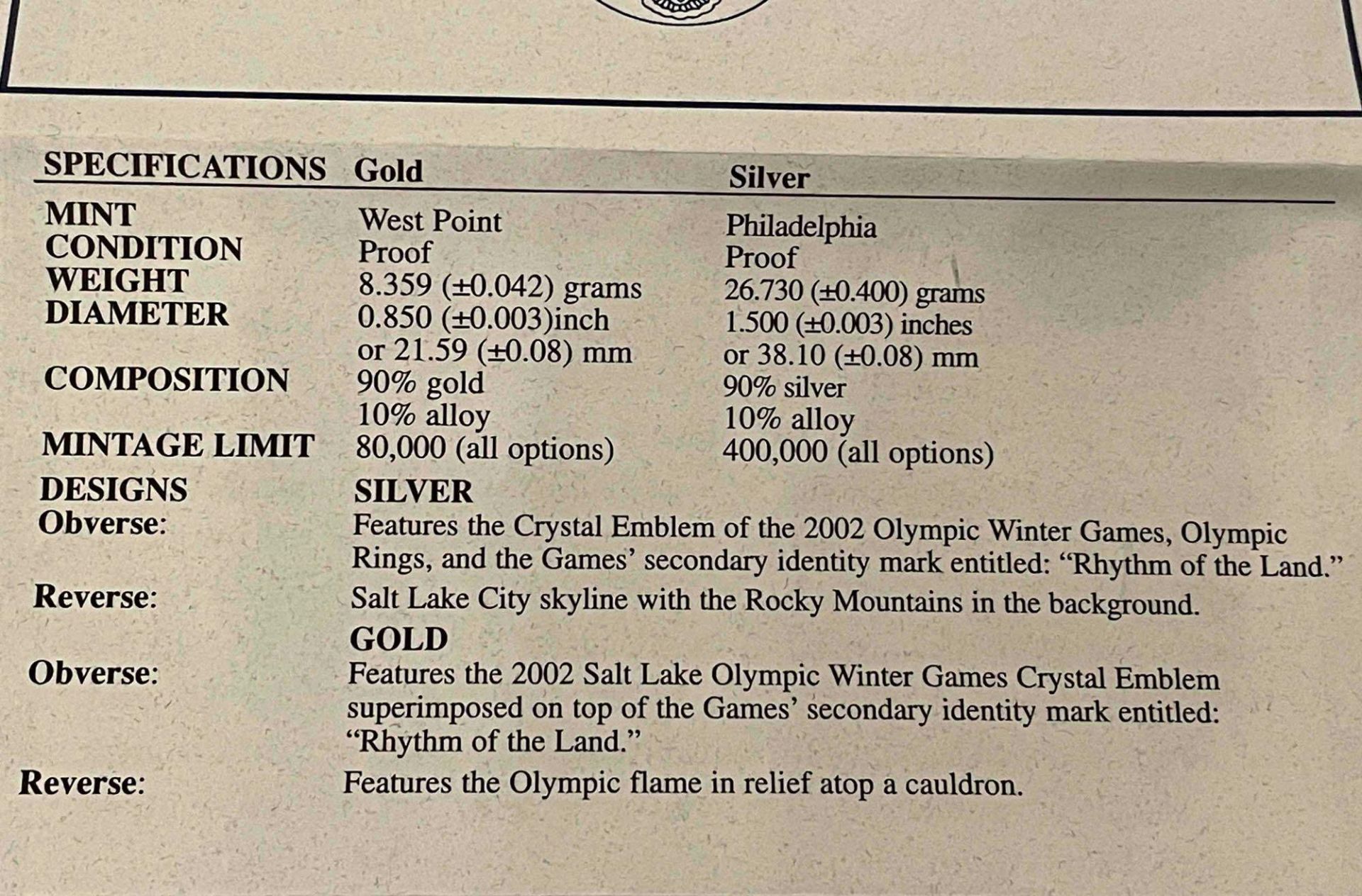 2002 W & P Salt Lake Olympic Winter Games Commemorative Two-Coin Set $5 Gold & $1 Silver Proofs - Image 10 of 11