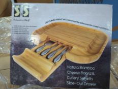 pallet of natural bamboo cheese board and cutlery set with slide out drawers