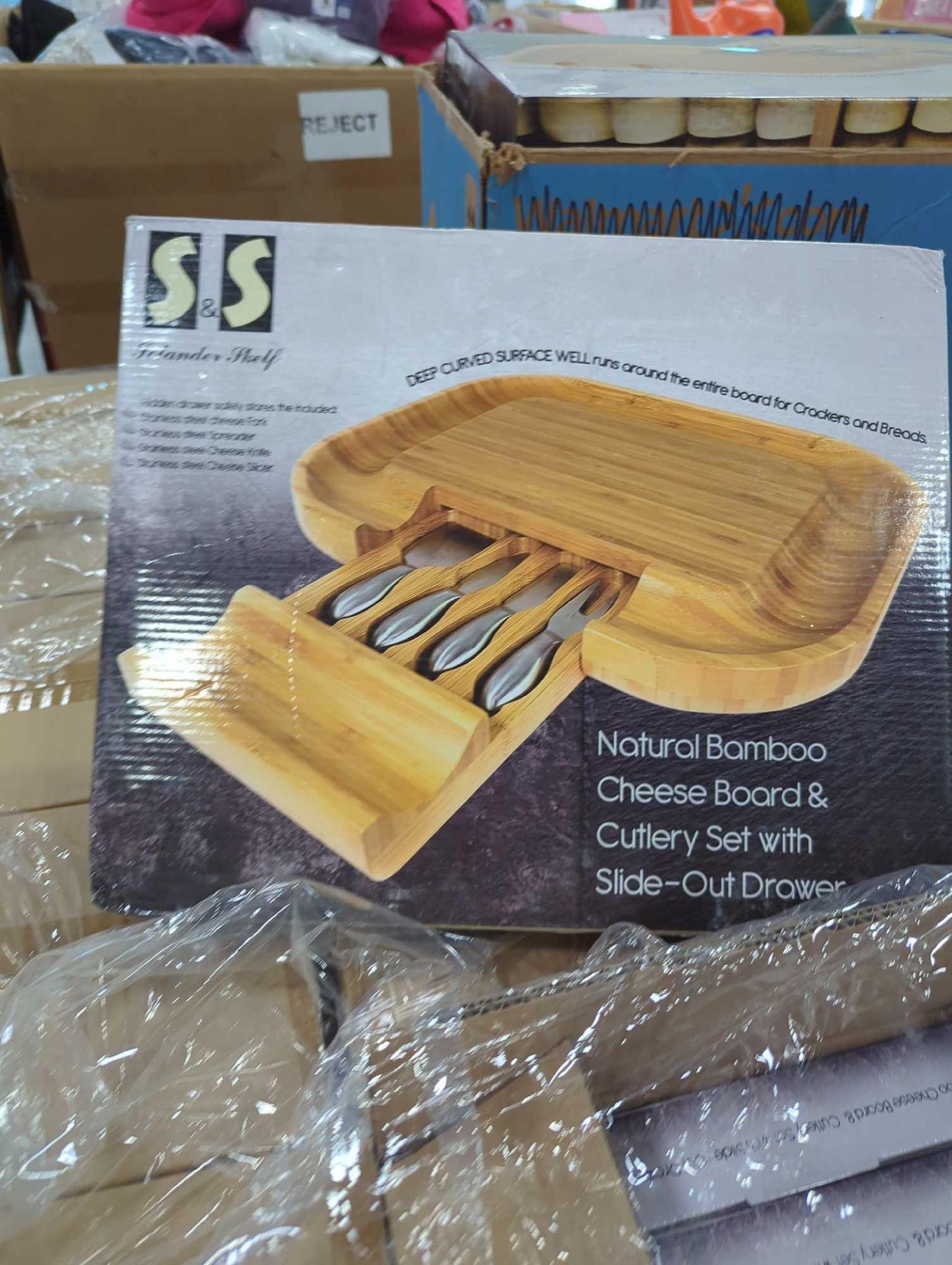 pallet of natural bamboo cheese board and cutlery set with slide out drawers
