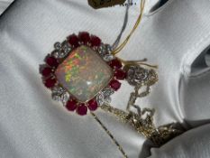 14kt two tone gold with 14.08 ctw opal and ruby corundum necklace, .85 ctw diamond necklace