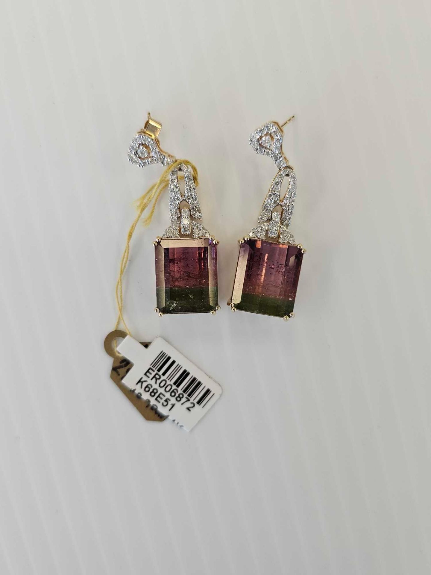 14kt yellow gold 28 ctw tourmaline and 1.24 ctw diamond earrings