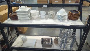 Restaurant Equipment: Rolling rack of plates, silverware, misc restaurant serving dishes