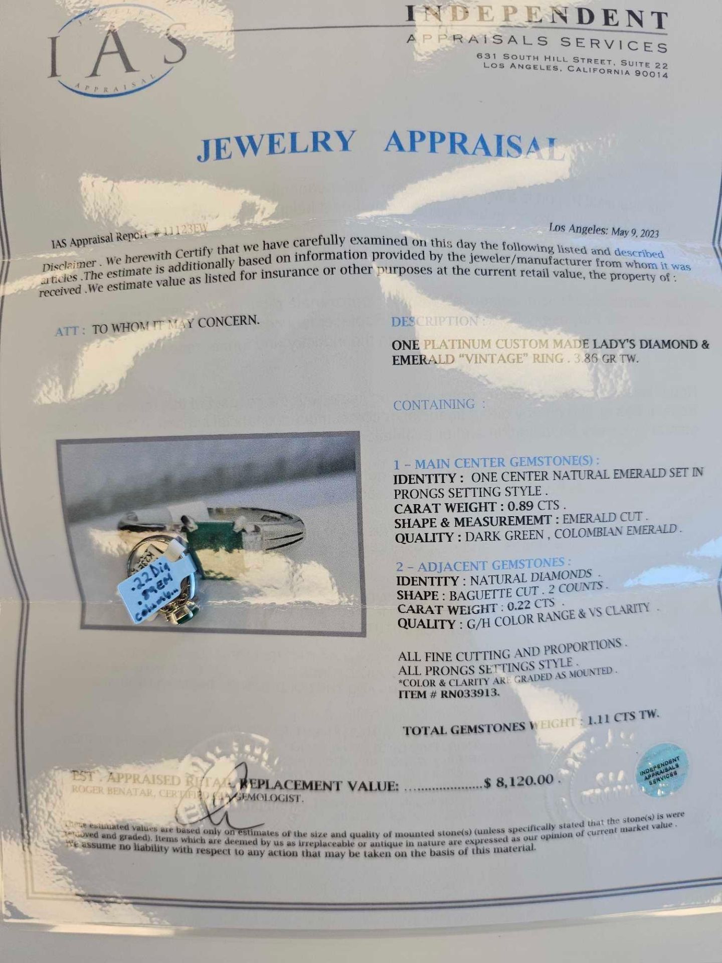 Jewelry: Platinum Custom Made Lady's Diamond & Emerald Vintage Ring 3.86 gr tw - Image 3 of 8