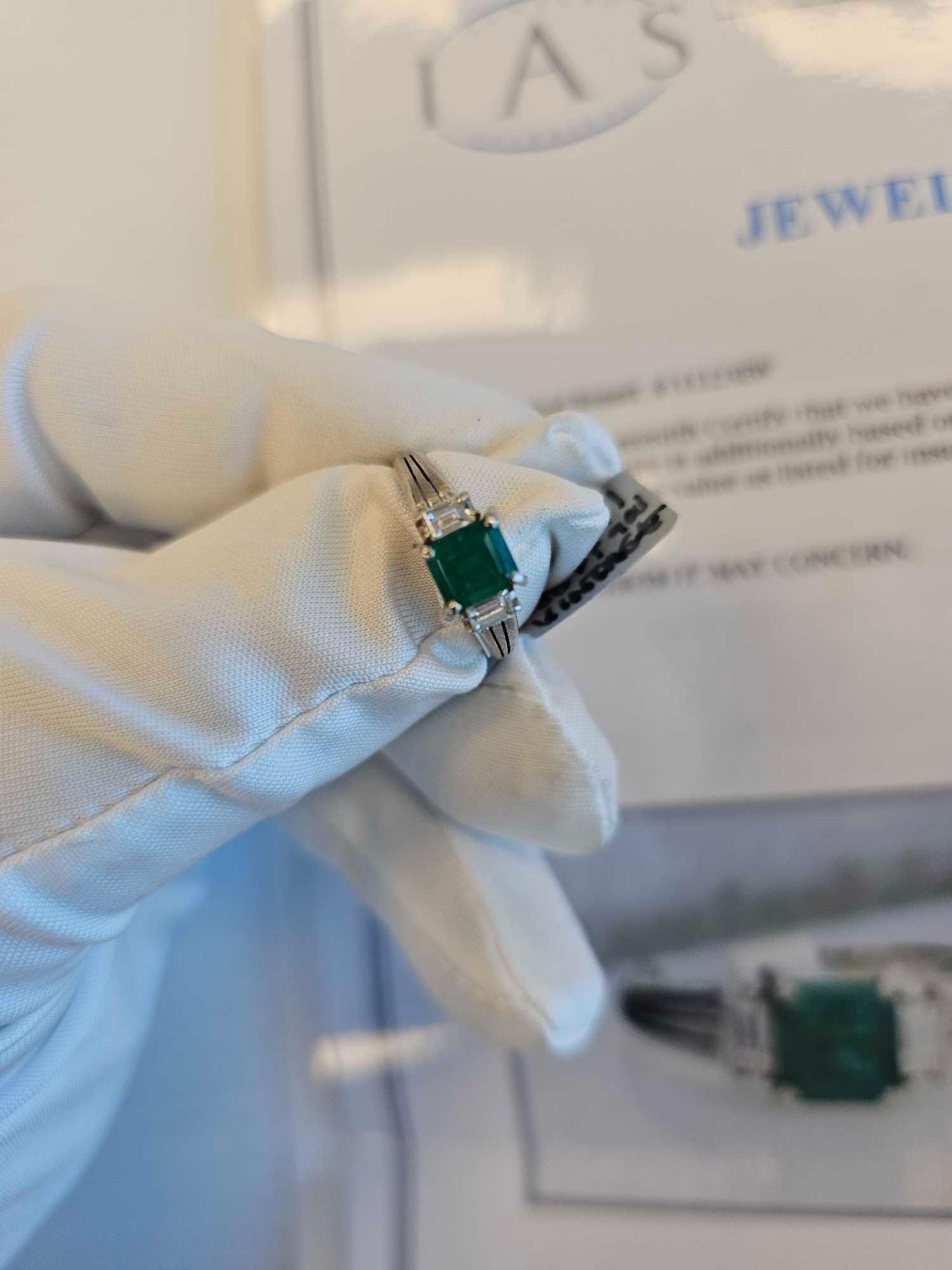 Jewelry: Platinum Custom Made Lady's Diamond & Emerald Vintage Ring 3.86 gr tw