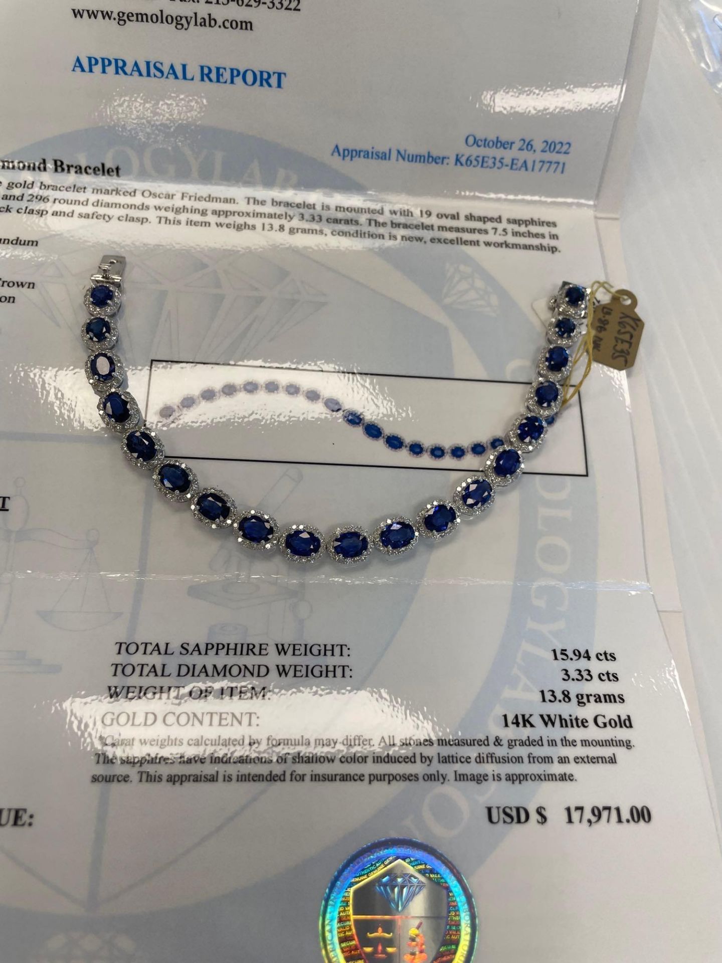 Jewelry: Sapphire & Diamond Bracelet 14KT 15.94 cts Sapphire /3.33 cts Diamond - Image 7 of 7