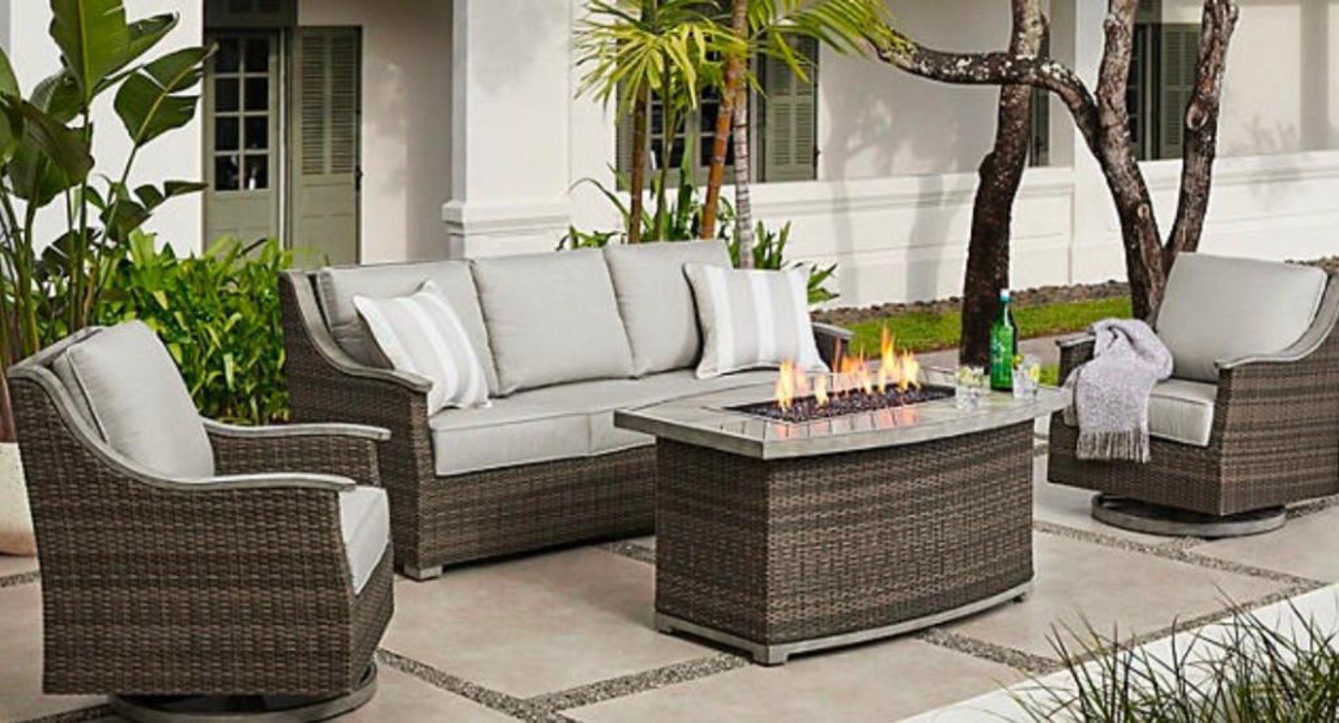 Grill, outdoor seating set, TV console