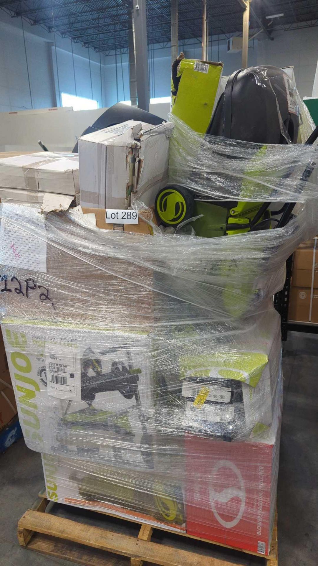 pallet of Sun Joe tillers and other items could be customer returns