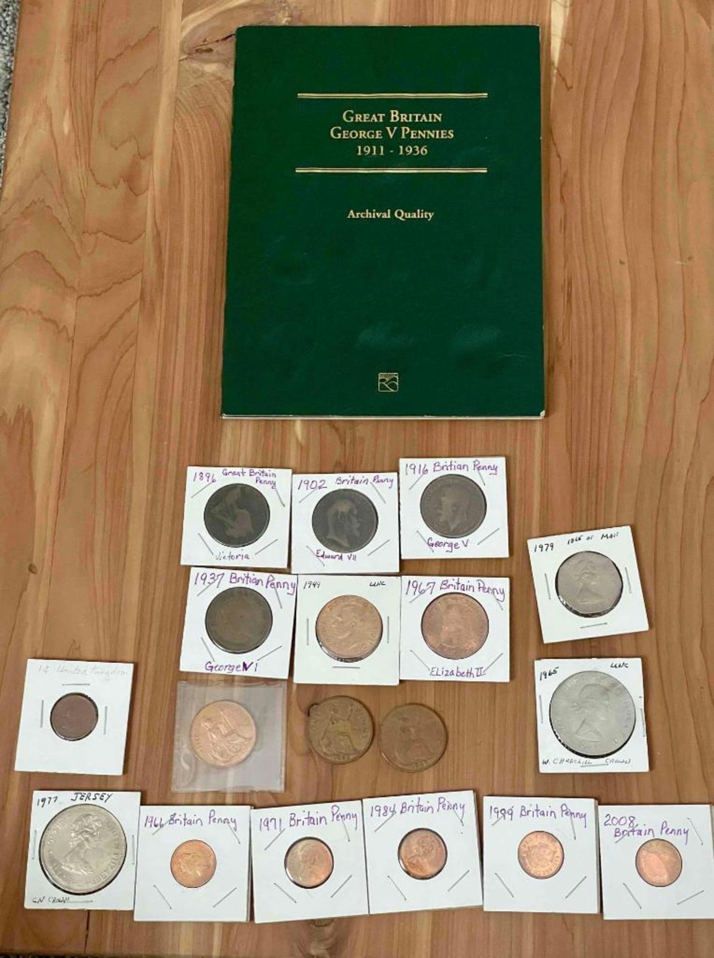 Great Britian George V Pennies 1911-1936 (1918-19 missing 4 coins), 1979 Isle of Man lifeboat, Penny