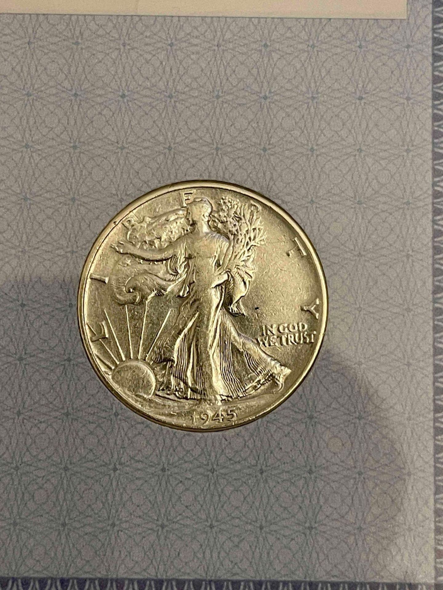 Silver Walking Liberty Half Dollars: 1942,1943, 1945 XF40, Silver Barber Half Dollar 1909, and 1927 - Image 7 of 12