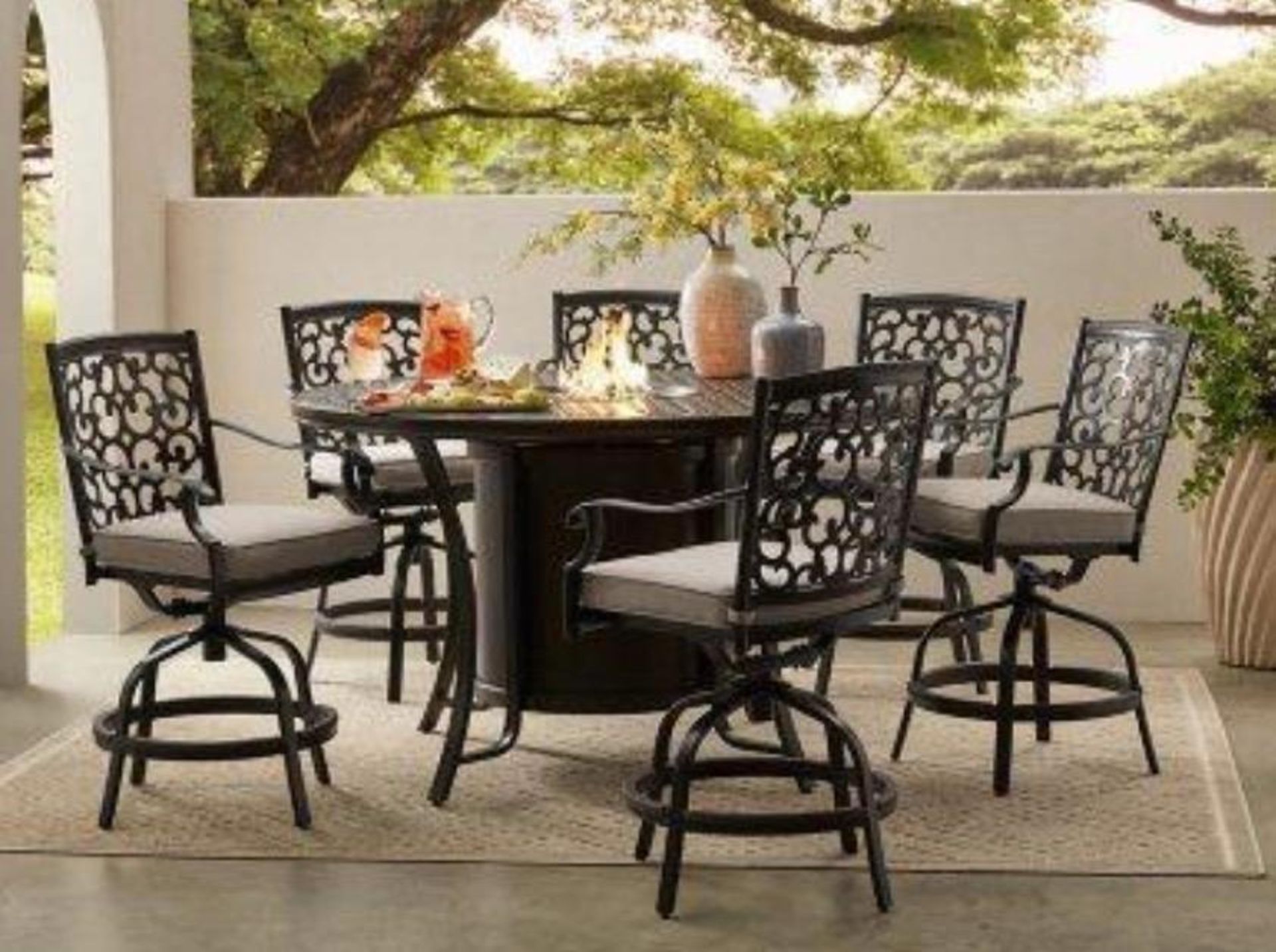 (1) Pallet-Abbyson, Side chair, Hastings Collection 7 piece High Fire Pit Dining Complete set, Dinin