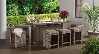 (1) Pallet- Coffee Table, Halstead 7 piece Bar Dining Set with Fire Table