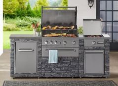 (1) Pallet- Keter Deck box, Deluxe Stacked Stone 4 Burner Grill Island w Griddle ( propane Gas)