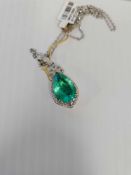 Jewelry: Lady's Emerald & Diamond Pendant Necklace White Gold Mounting w/ yellow Gold Cup & prongs