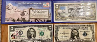 Currency: $5 1953 Silver Certificate, $2 Mount Rushmore, $1 1935 Silver Certificate, 1976 $2 First D