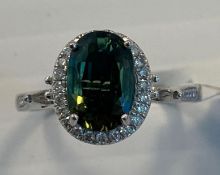 Blue Green Sapphire and Diamond Ring