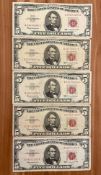 Five $1963 $5 Red Seal Notes