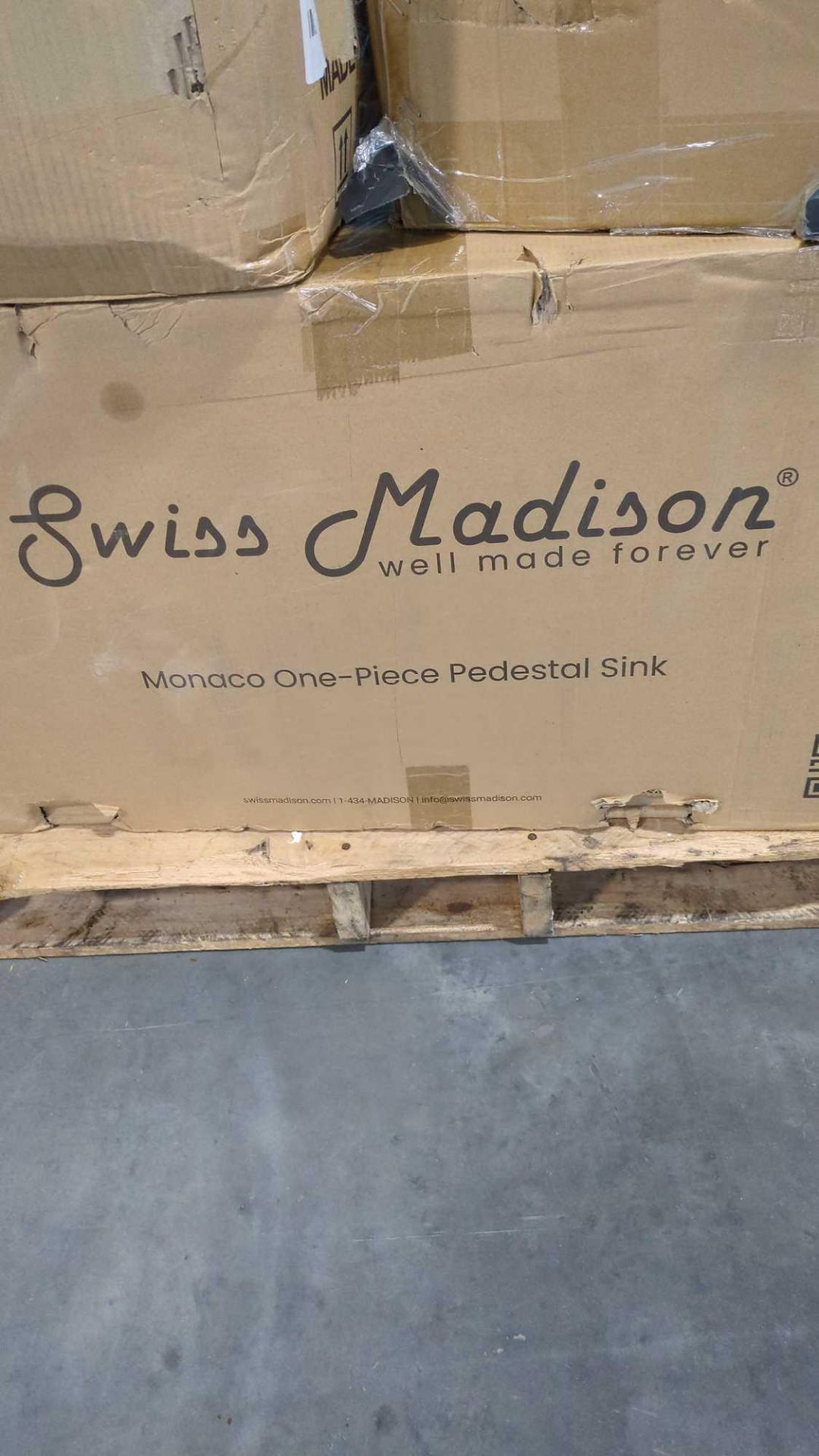 Pallet- Swiss madison pedestal Sink, hand lotions, power box, bedding, tumeric soap, misc shoes and