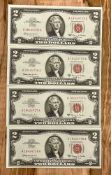 4 1963 $2 uncirculated red seal notes, consecutive