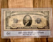 Currency: 1934 $10 Silver Certificate, 1934 $5 Silver Certificate, 2 1976 $2 First Day issue with st