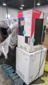 Pallet- wine chiller, LG rang, ottomna, and used chest freezer