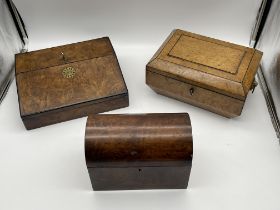 Wooden Writing Slope, Jewellery Box and Tea Caddy.