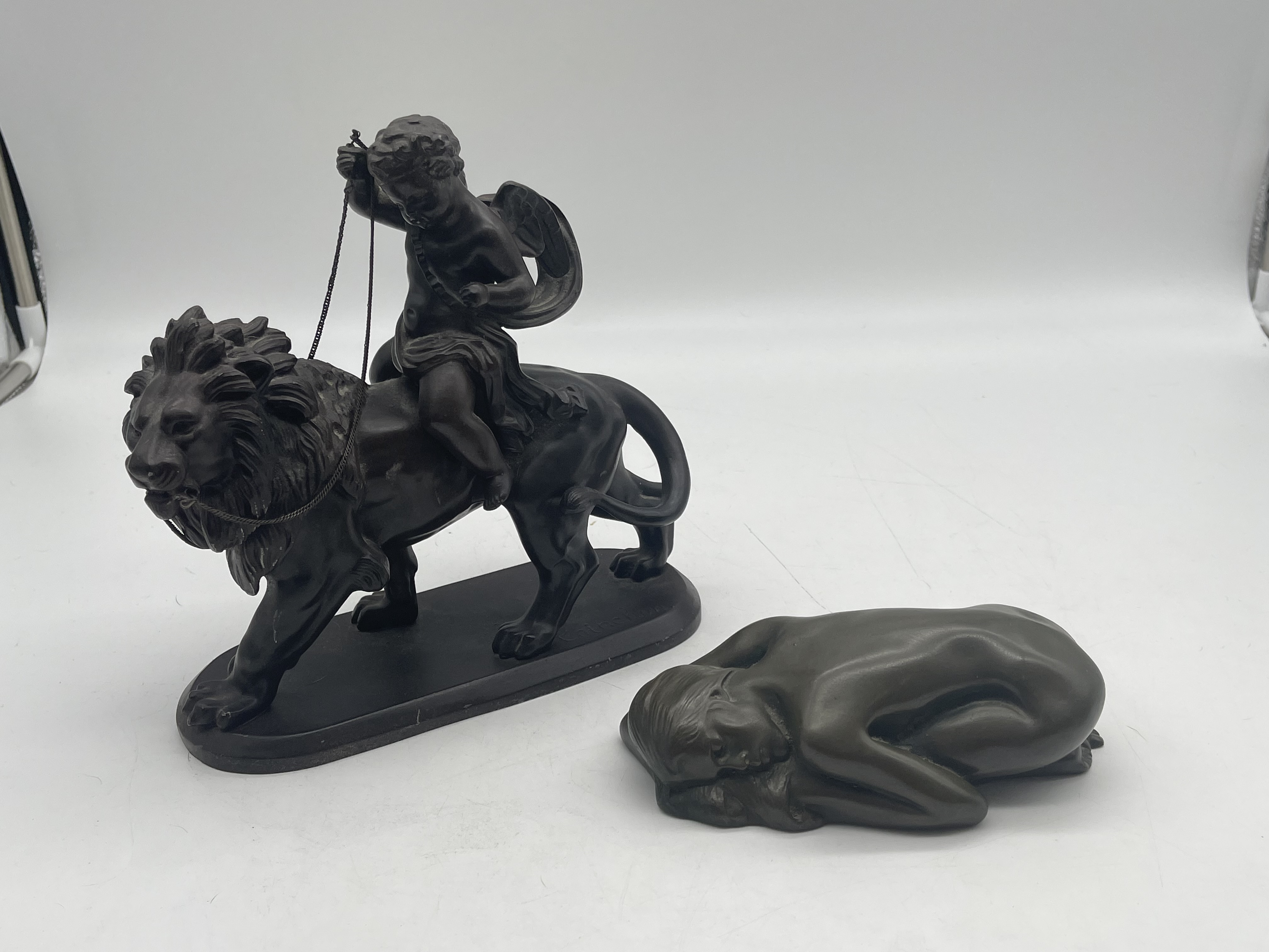 Lion with Cherub Signed Spelter Figure and Resin N