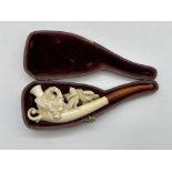 Cased, Beautifully Carved Meerschaum Pipe by S.W.