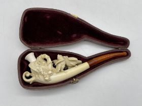 Cased, Beautifully Carved Meerschaum Pipe by S.W.