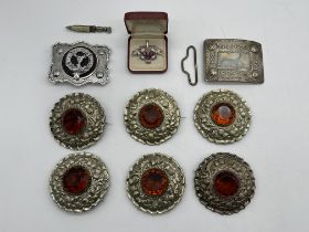 Six Scottish Bagpiper Kilt Brooches and others.